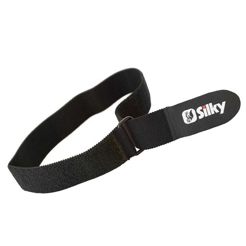 Silky leg straps in black with Silky logo on a rectangular fabric label, with adjustable Velcro closure