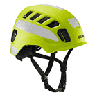 Tectum Air Hi-Viz climbing helmet by Edelrid in bright yellow with white reflectors and black chin strap, side view