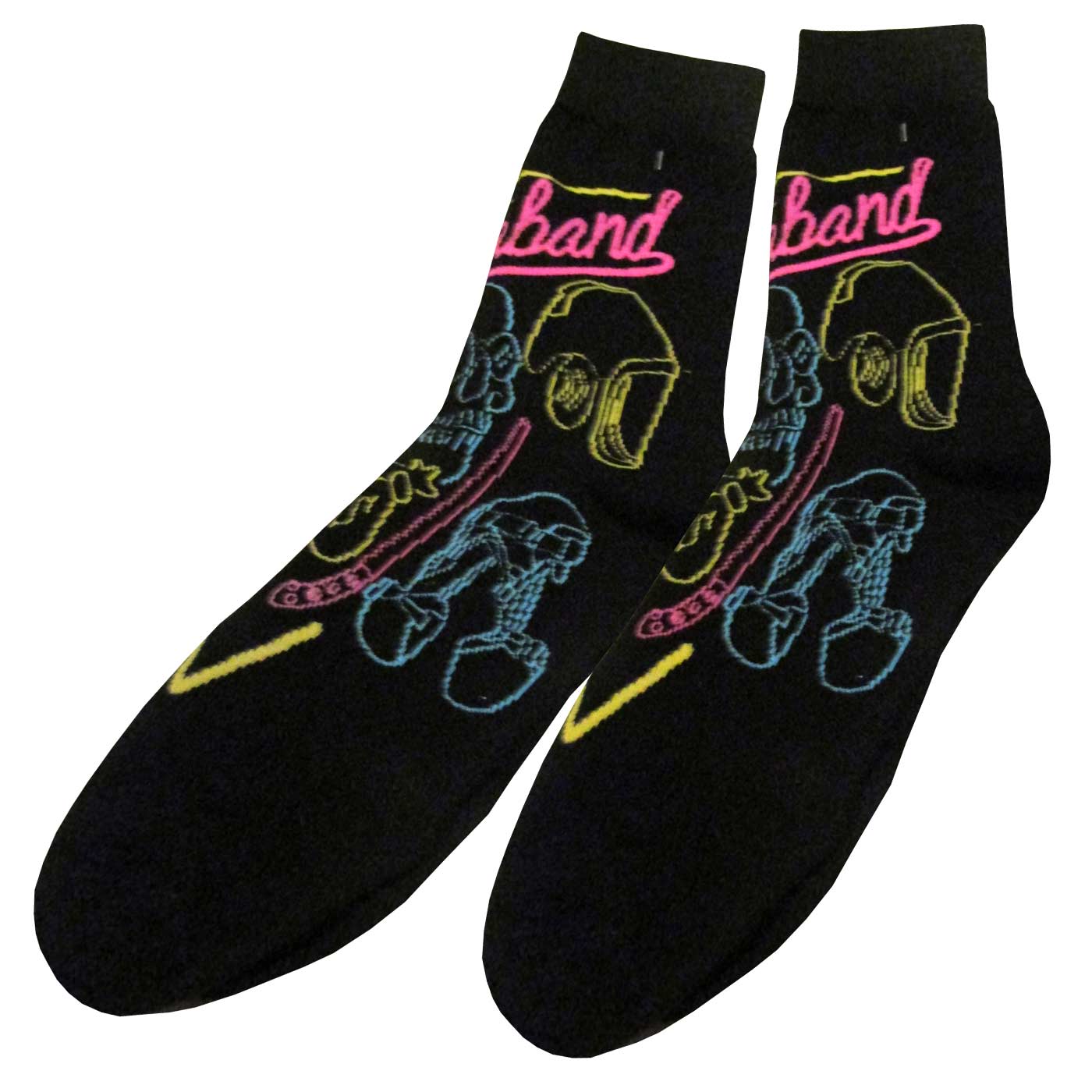 Black socks with colourful motif and "Contraband" lettering