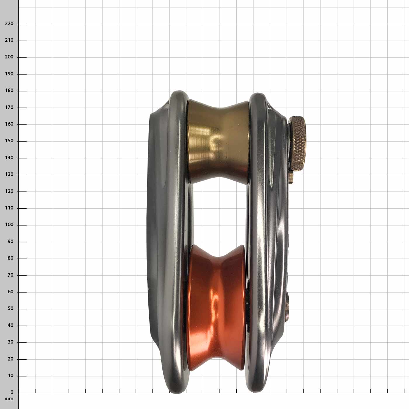 Small Rigging Pulley, Side View with Orange Roller and Brass Roller, Silver Metal Housing