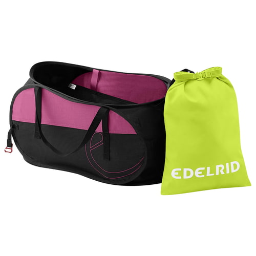 Spring Bag 30 by Edelrid in black and pink with two handles and a small bag in neon yellow with white Edelrid logo