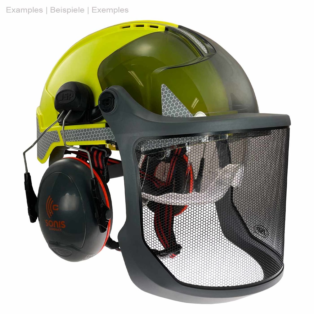 Evoguard M3 Forestry Visor with grey frame and black mesh fabric on a yellow helmet with headphones