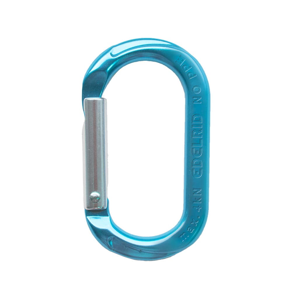 Mini-O snap hook in blue with silver locking spring, manufacturer not visible