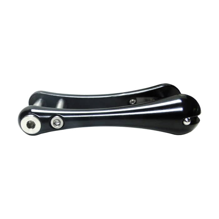 Trapeze 5, black metal part with bent arms and screws, lying sideways on a white background