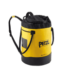 Round yellow and black Petzl Bucket 45 with two black straps and a black cord closure at the top