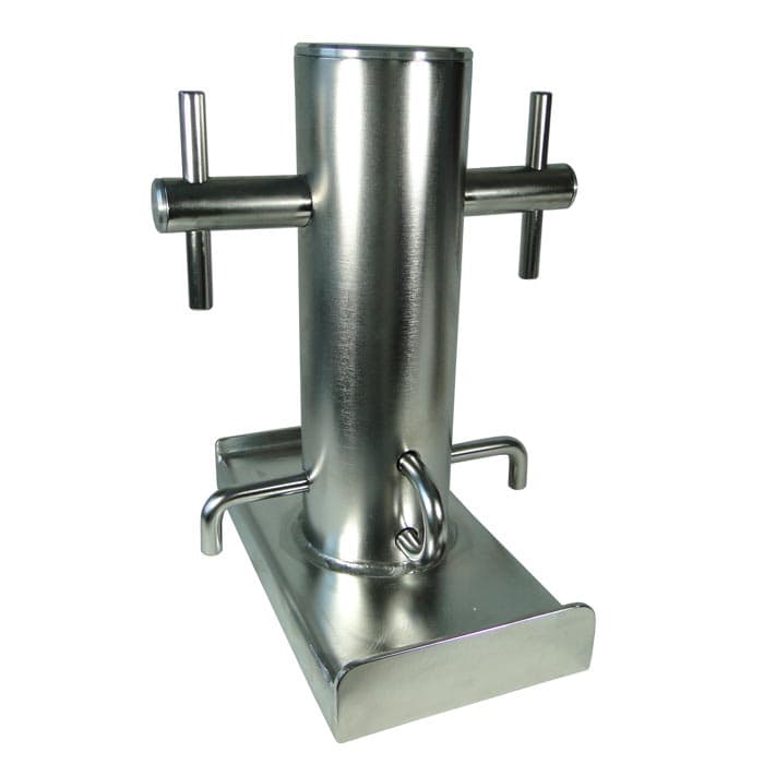 Rigging bollard Silver, silver metal bollard with four side handles and a hook at the front, rectangular base plate, view from the other side