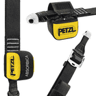 Close-up of Petzl's Absorbica-I Vario with yellow label, black ribbon, Velcro and silver buckle