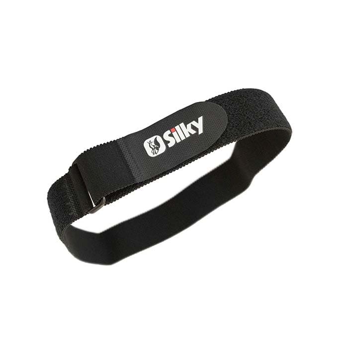 Black silky leg straps with Silky logo on a rectangular fabric label