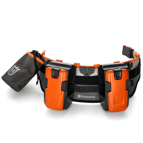 Flexi Carrier Kit by Husqvarna, black and orange belt with two orange and black mounts and a black bag with Husqvarna logo