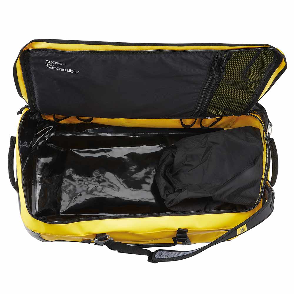 Opened yellow PETZL Duffel 85 bag with black lining, mesh pocket in the lid and black pouch inside