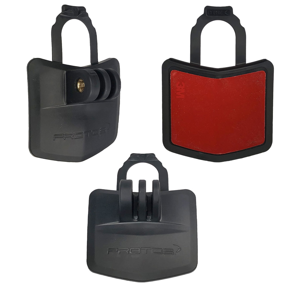 PROTOS® ActionCam mount three black plastic mounts, one with red adhesive field, all with bracket and fasteners