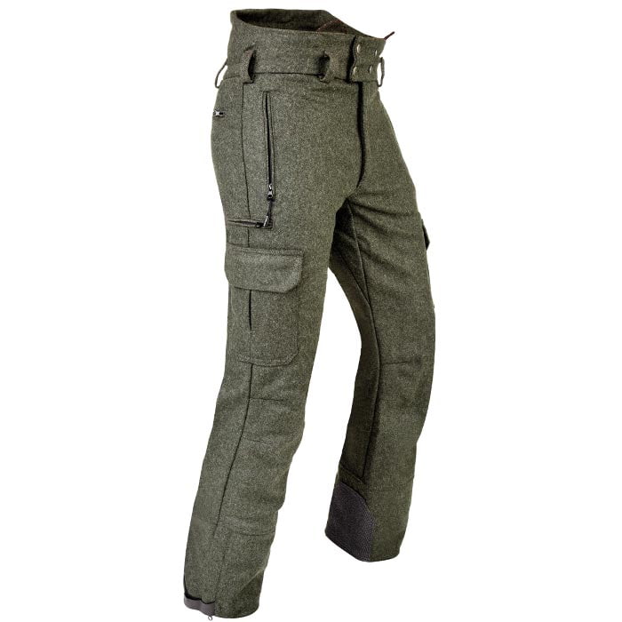 Loden trousers in green with several pockets, zippers and reinforced area at the leg cuffs