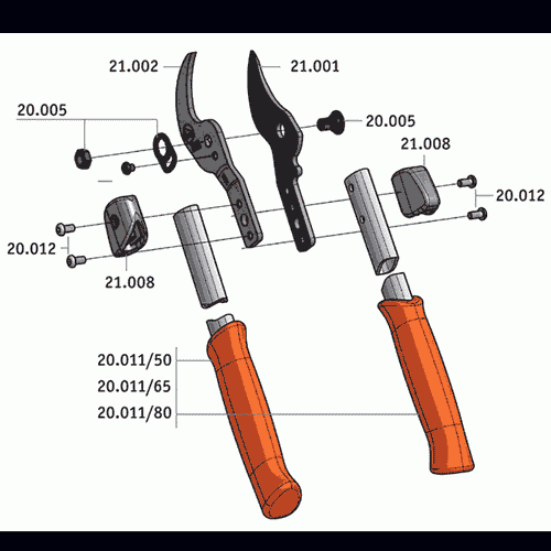 Exploded view of the Bypass 21.080 pruning shears, showing individual parts such as blades, screws and handles in various colours and lettering