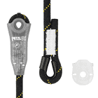 Close-up of the Petzl Jane-I belay device with inscription, black rope with yellow dots and white stitching, plus a small transparent plastic ring