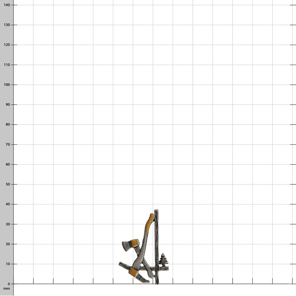 Wooden pin with two axes and a tree, silver-coloured with black patina and gold-coloured details on a white background with grid in millimetres