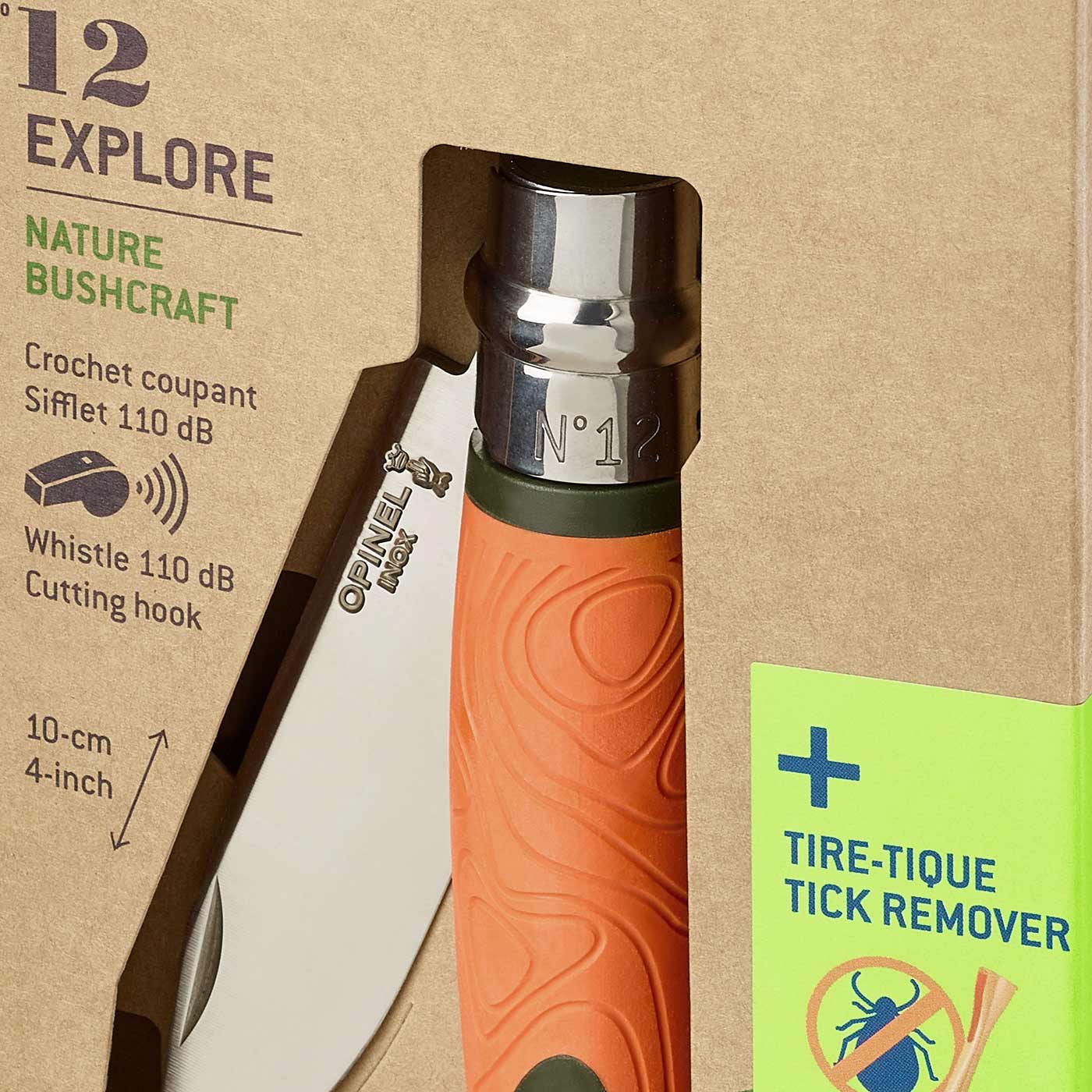 Close-up of the Opinel N°12 Explore knife in packaging, orange handle with pattern, blade with Opinel Inox print, manufacturer Opinel