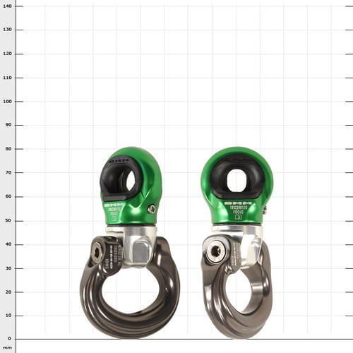 Mini-Swivel Focus L, two green and silver metal parts with round top section and large hook at the bottom, product name visible