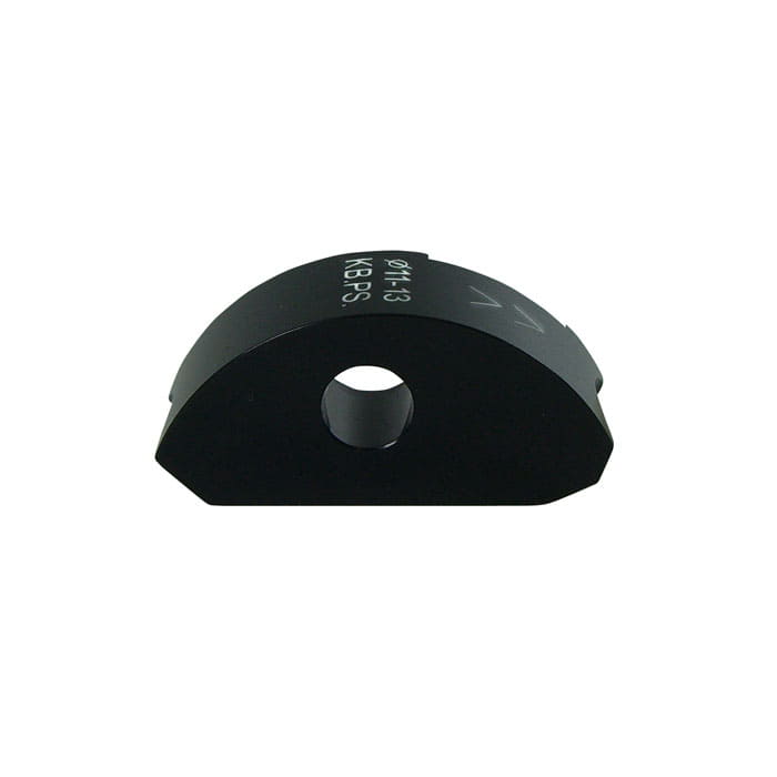 Positioner clamping jaw, black, semi-circular component with hole in the middle and white lettering