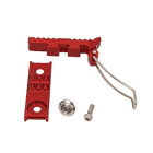 skyHOOK Wire Gate in individual parts, consisting of red and blue metal components and two screws on a white background