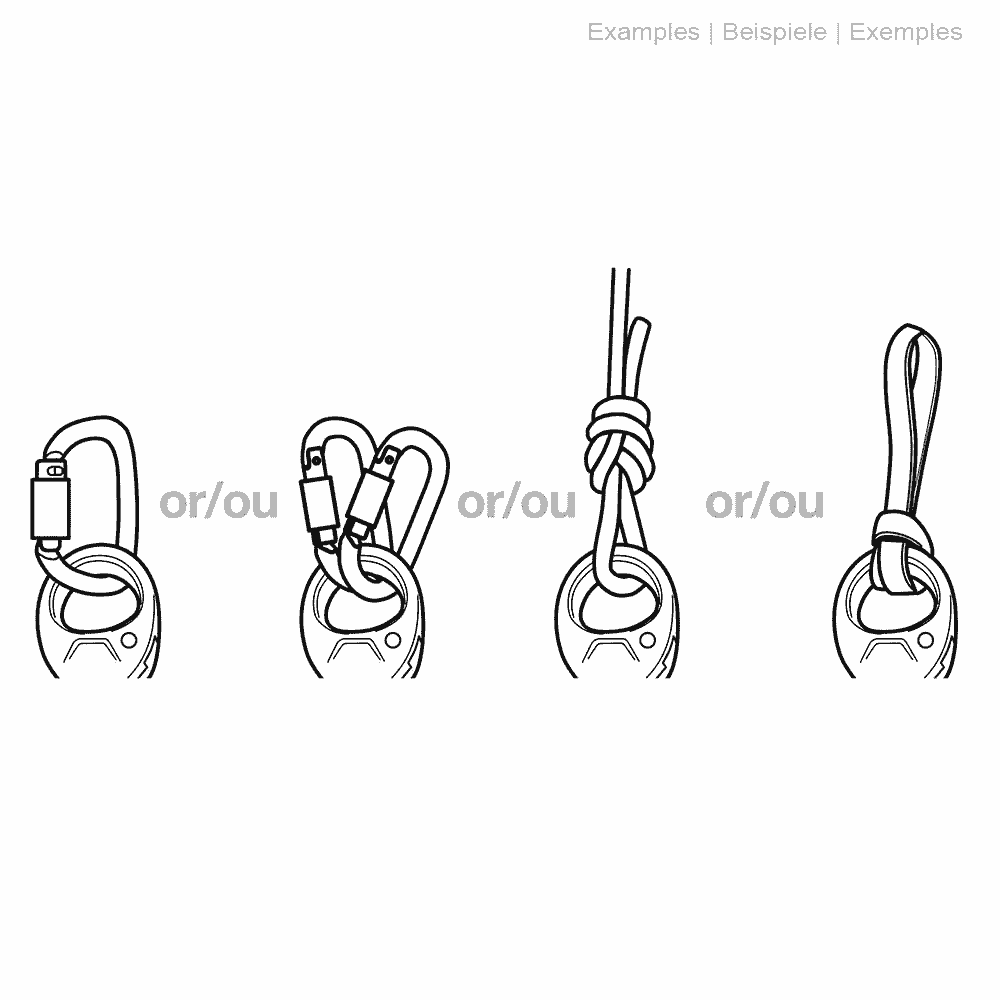 Black and white drawing of four different attachment types for the Petzl Spin L1 pulley with carabiners and rope loops