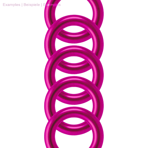 Aluring 40 Pink, five pink rings with a smooth surface arranged on top of each other, against a white background