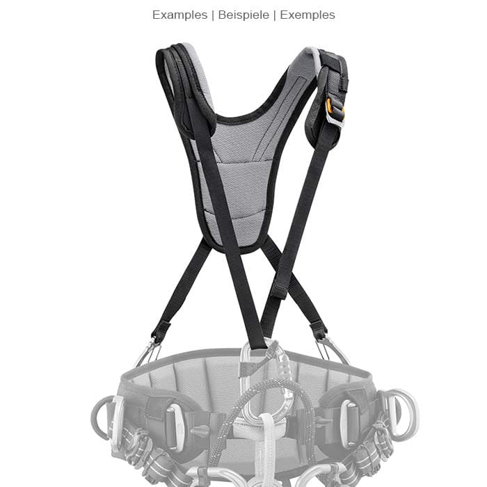 Bretelle with padded grey fabric and black adjustable straps, two metal carabiners at the ends, attached to a climbing harness with several carabiners and loops