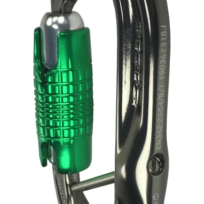 Close-up of the PerfectO Captive Bar carabiner with visible engravings and green clasp