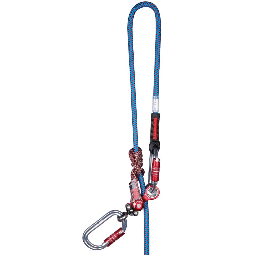 Gyro Lanyard Single, Climbing Rope with Two Carabiners, Blue-Red Rope, Red-Silver Metal Parts, Close-up