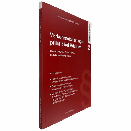 Traffic safety obligation for trees by Armin Braun and Cedric Vornholt, red book photographed diagonally from the front, visible spine with title and authors