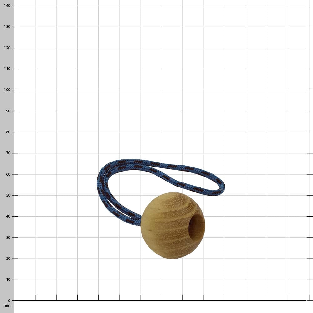 Robinia 32, a round wooden bead with a blue and black ribbon
