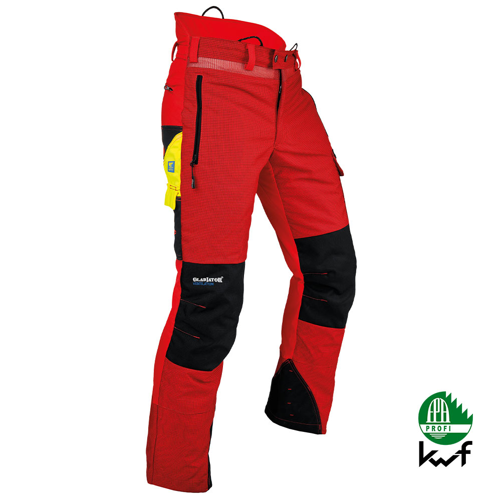 Ventilation Cut protection trousers in red with black and yellow details, side zip pockets and loops on the waistband