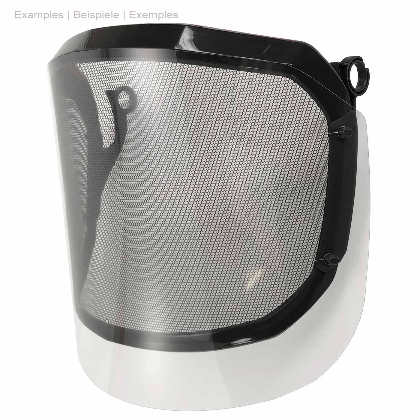 PROTOS® Visor Clip-On Clear, transparent visor with black frame and fine-meshed protective grille, side attachment visible
