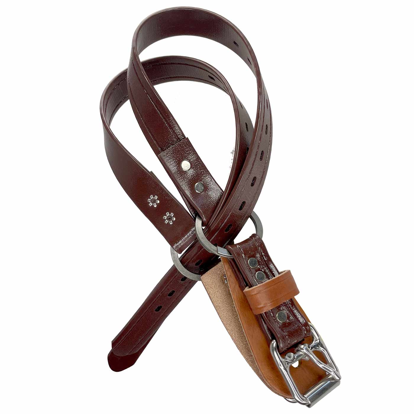 Lower strap 66, brown leather strap with silver buckle and row of holes, two silver rivets and two small floral patterns on the top of the strap