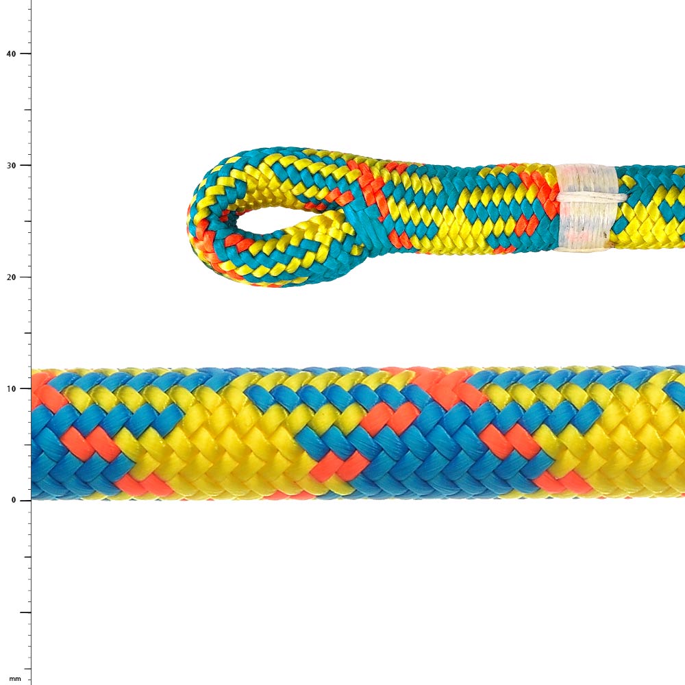 Close-up of a yellow-blue-orange braided rope with loop