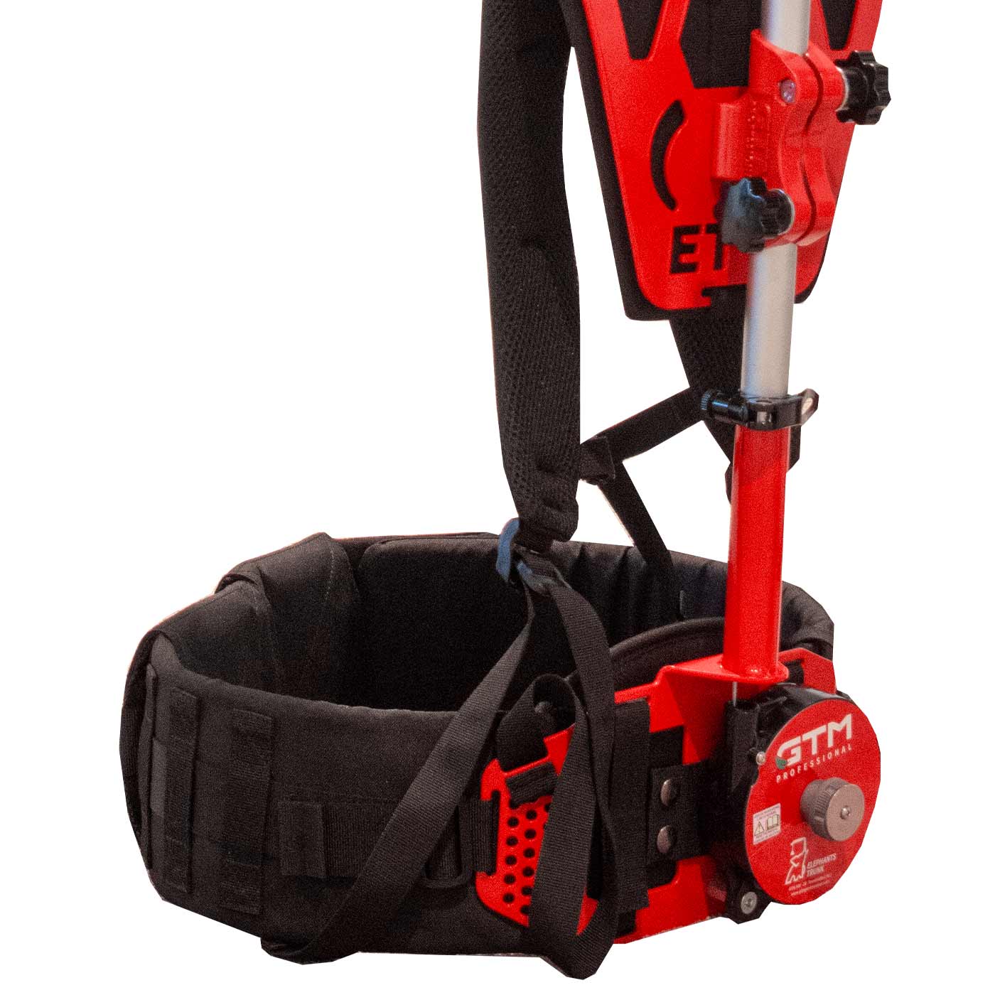 Close-up of the padded black waist belt with red plastic parts and black straps, on which is written Elephants Trunk 3