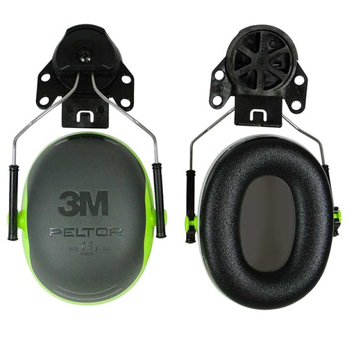 Ear protection X4 Plug by 3M Peltor in grey and green, with black temple and padding, front view with visible 3M logo and rear view with black inner padding