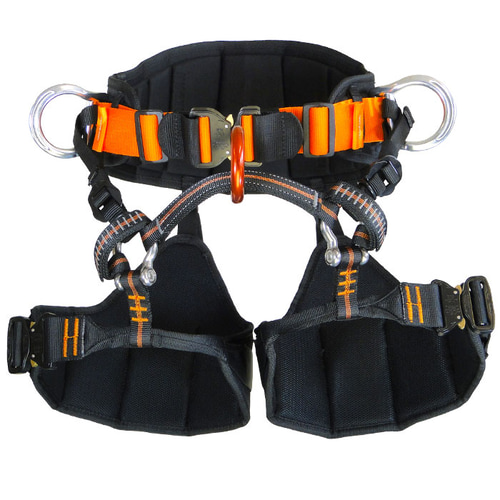 Tree Austria 3.2 climbing harness from the front with black and orange webbing, metal rings and padded leg and hip loops