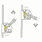 Drawing of the yellow Petzl ASAP Lock on a rope with two arrows pointing up and down and a moving lever