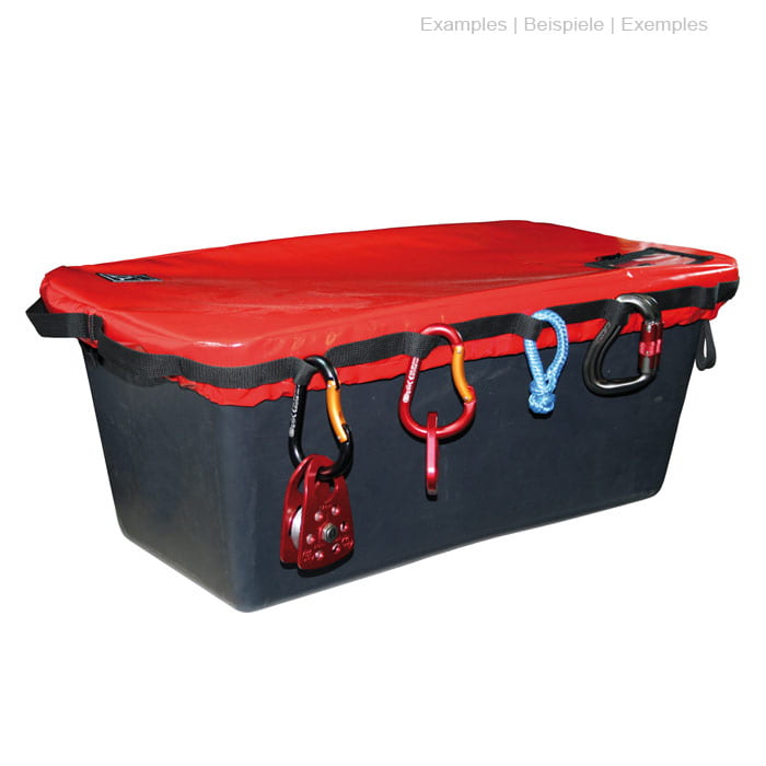 Cover in red on a black box, various snap hooks and a blue loop hang from the loops
