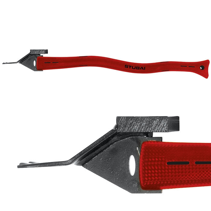 Stubai 600 felling jack with red, curved handle and black metal tip, close-up of the head with hole in the metal