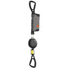 PEANUT I 13, belay device with two black carabiners and grey protective cover with orange logo
