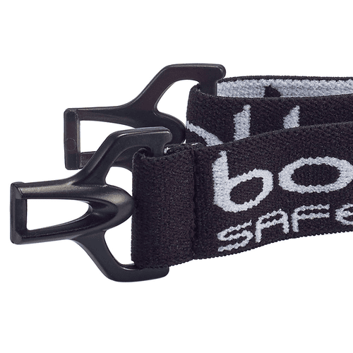 Close-up of the black clasp and black rubber band with white inscription "bollé SAFETY" of the Baxter spare parts kit