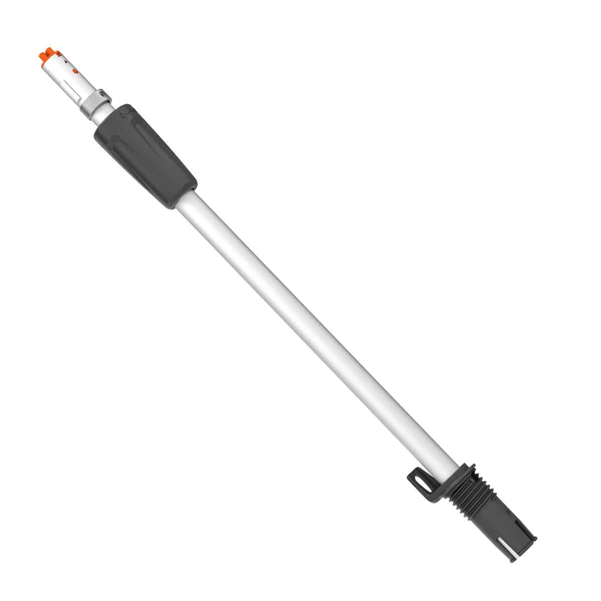 Product DE110, long white tube with black handle and orange elements at the top end