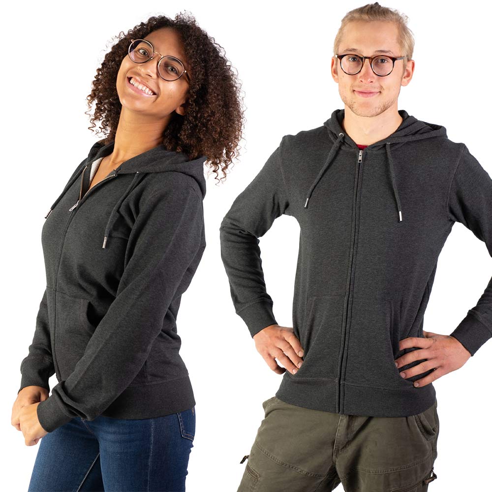 Weltenbaum hoodie, dark gray hoodie with zipper, worn by a woman and a man, both with glasses