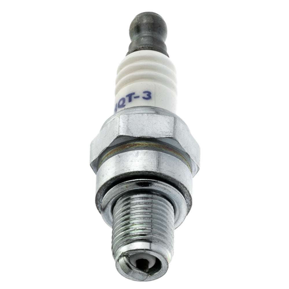 HQT-3 spark plug with white ceramic insulator and metal thread, black connection head at the top, "HQT-3" is written in blue lettering on the ceramic part