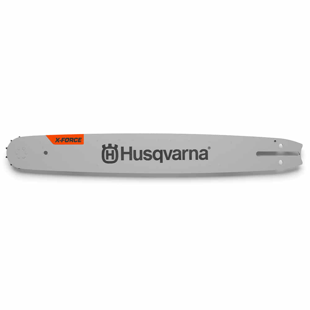 X-Force Frame 18 / 3/8 SM by Husqvarna, grey frame with black Husqvarna logo and orange X-Force lettering, side view without chain