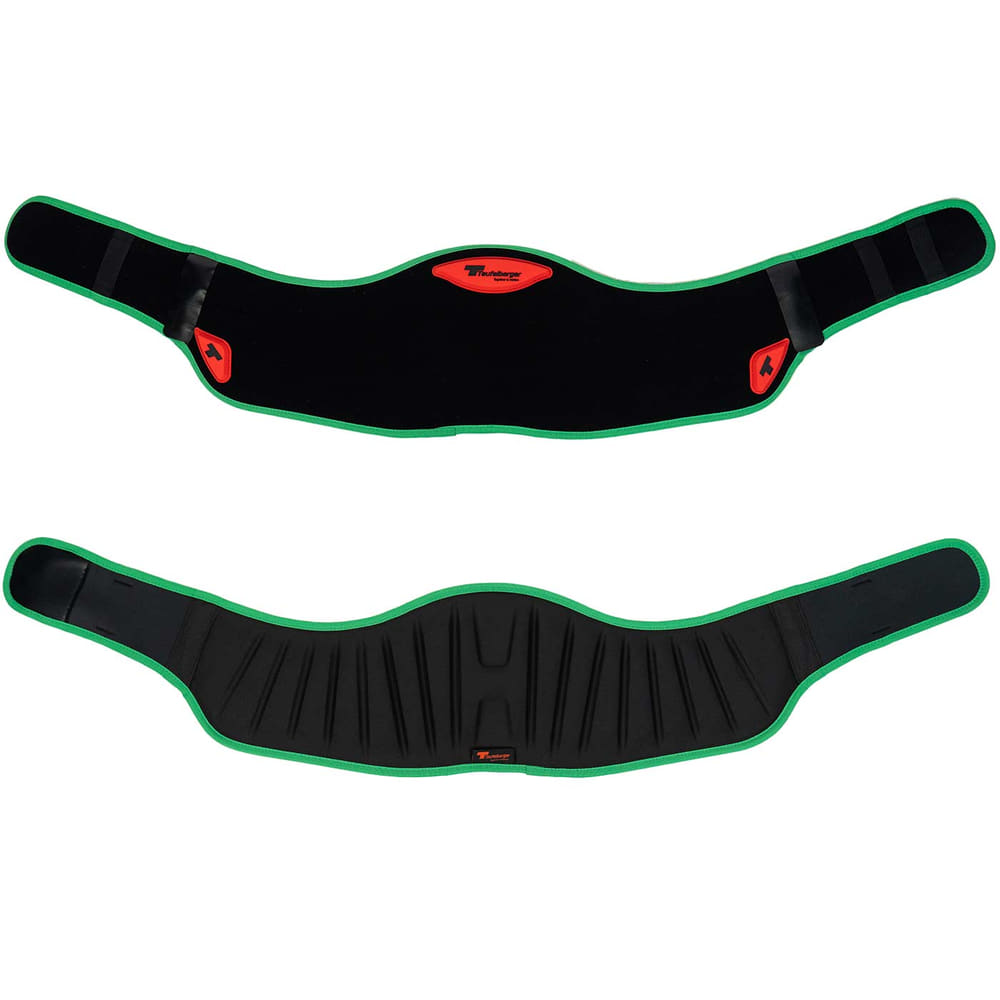 treeMOTION Ultra Comfort Padding, two black pads with green edge, one with a smooth surface and red Teutoburger logo, the other with a padded surface and red Teutoburger logo
