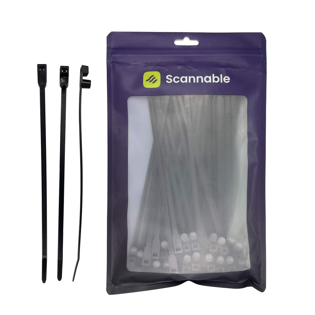 Cable ties NFC Tag, black cable ties in three different views next to a transparent packaging with a purple border and the lettering "Scannable"
