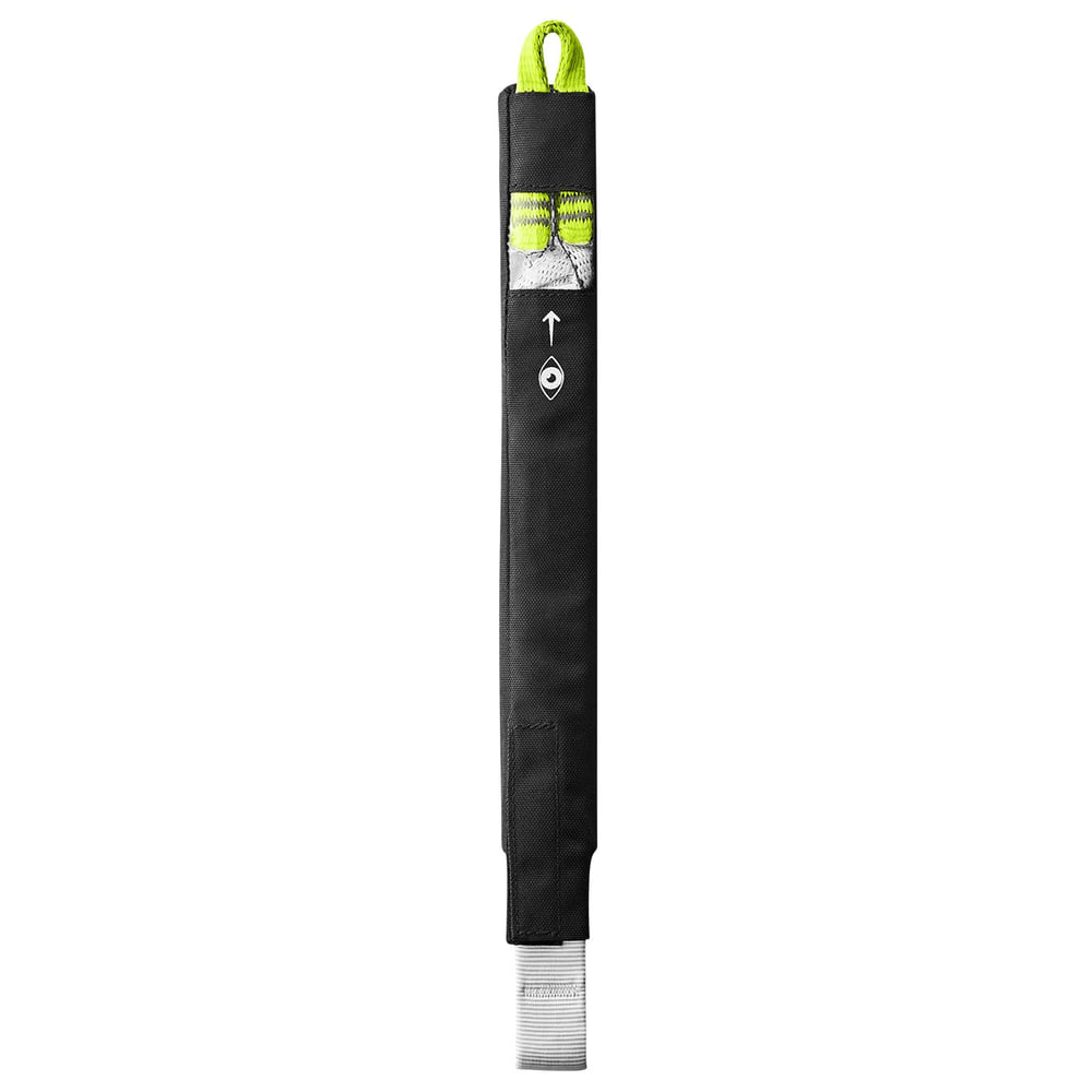 Defuser Rescue, black protective cover with yellow-green loops at the top and white ribbon at the bottom, arrow and eye as markings on the front, manufacturer's name not visible